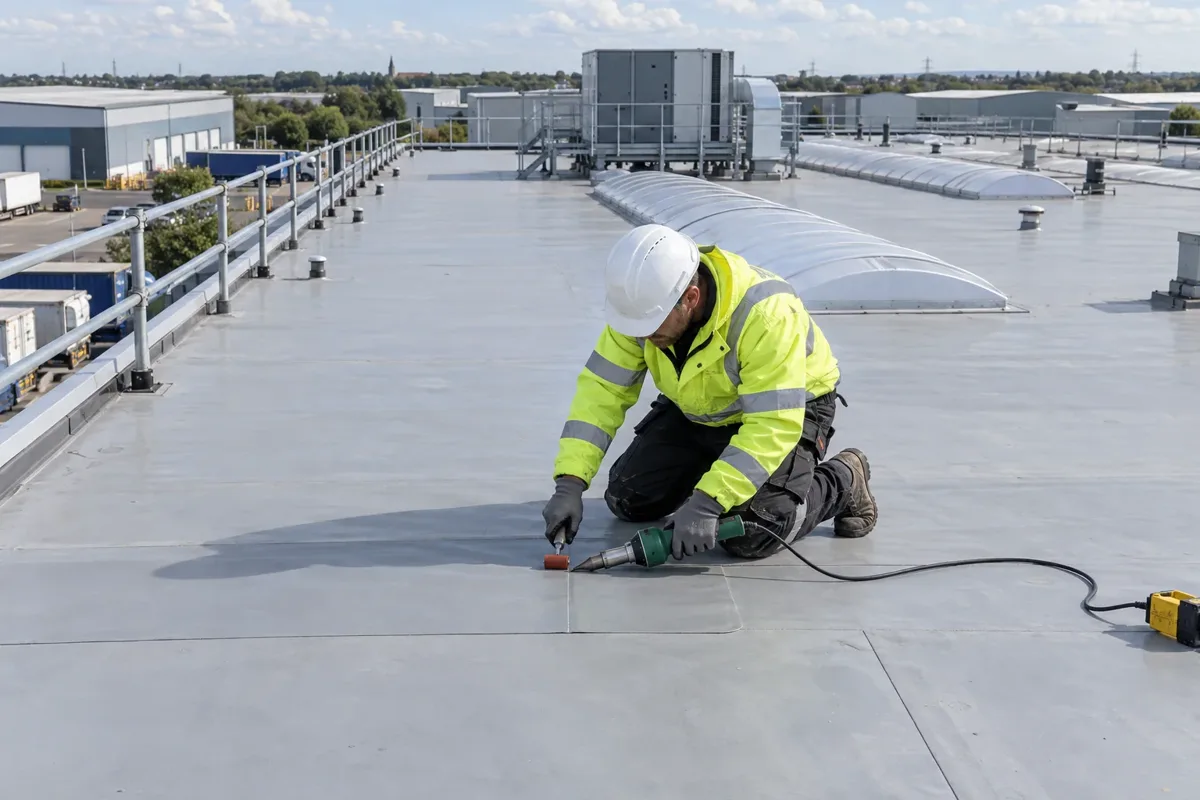 Roofer repairing a membrane seam on a guarded warehouse roof
