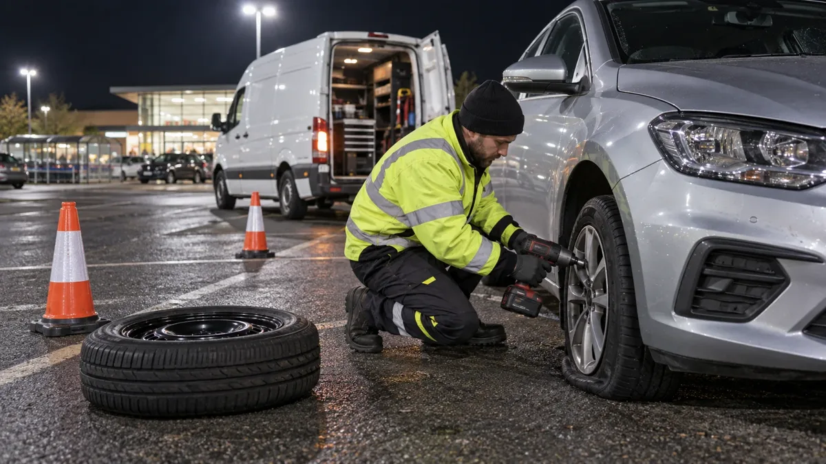 Tyre technician fitting a replacement wheel during an emergency night-time mobile call-out