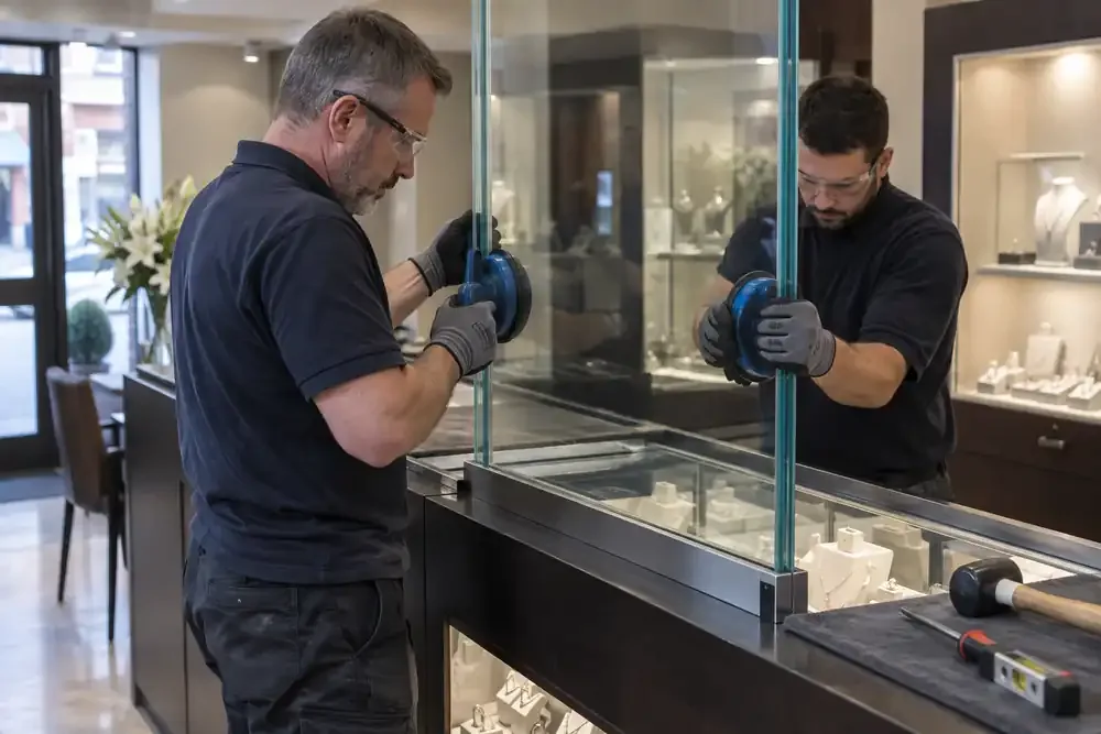 Quiet jewellery shop counter installation: specialists positioning a thick laminated security glass screen in a deep metal channel with suction handles; no crime, weapons or attack demonstration.