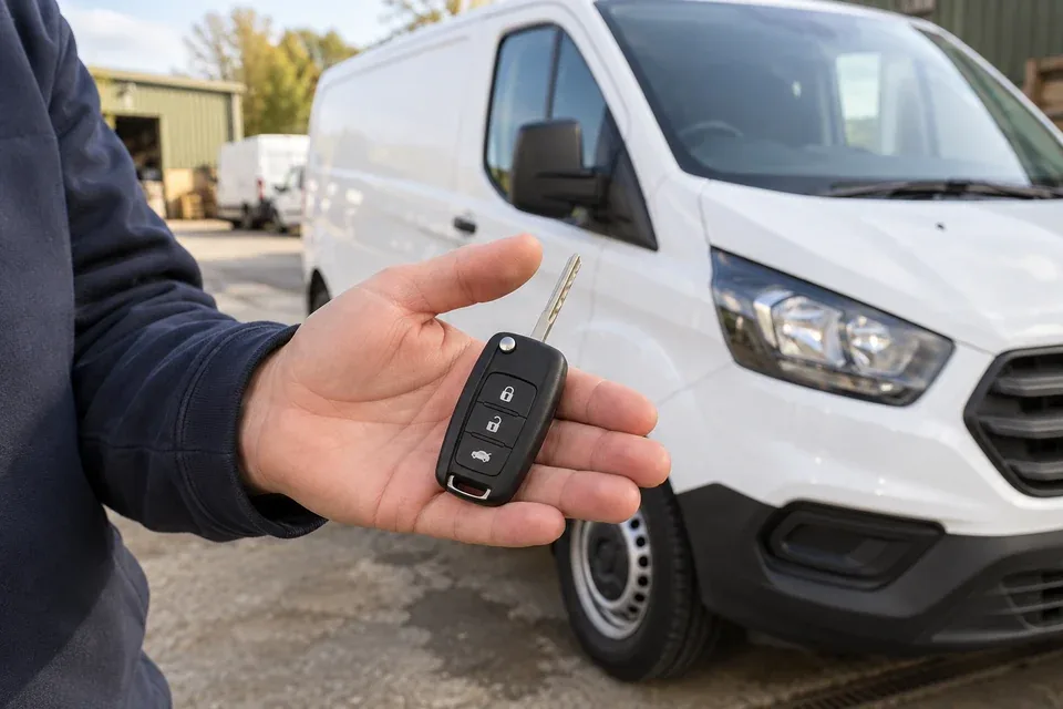 Replacement van key held in front of a white work van