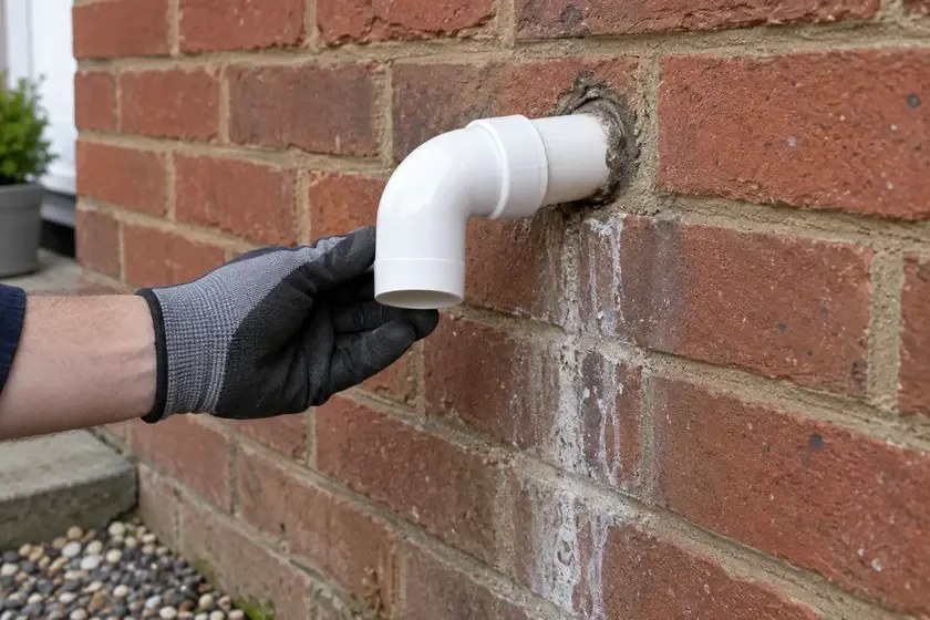 Repaired white overflow pipe and elbow on an exterior brick wall.