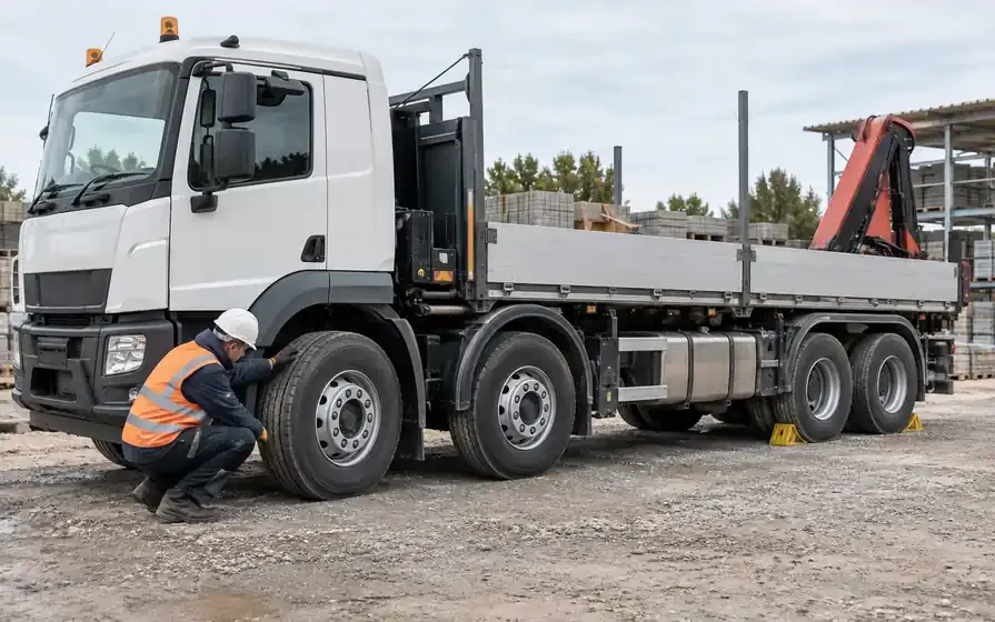 Technician inspecting a tyre on a four-axle rigid construction truck.