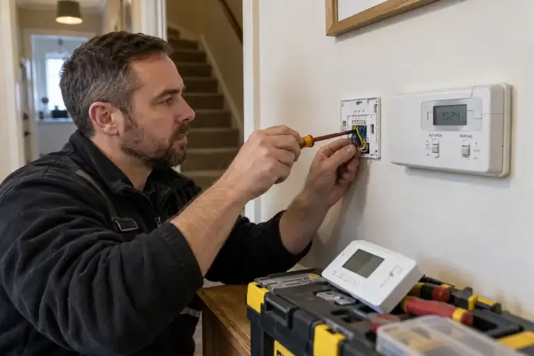 Heating controls wiring: a professional electrician assessing or carrying out the electrical work.