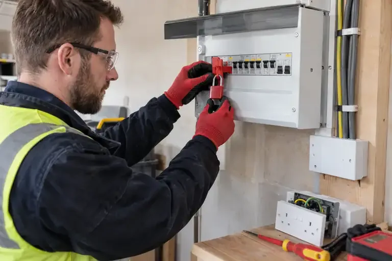 Electrician fitting a red lockout device to a closed UK consumer unit.