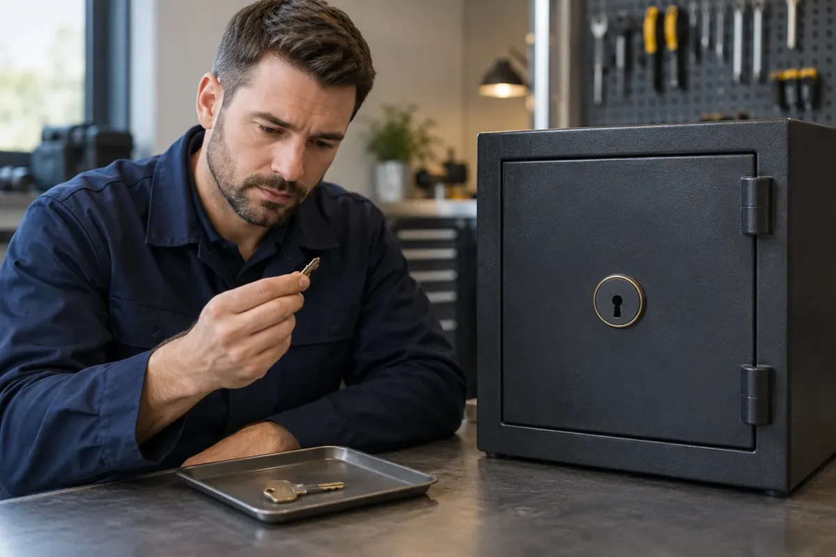 Technician assessing a broken key beside a key-operated safe