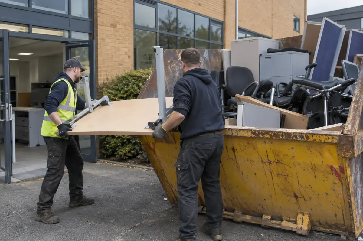 Two workers loading a desk into a skip filled with office chairs, cabinets and desk partitions.