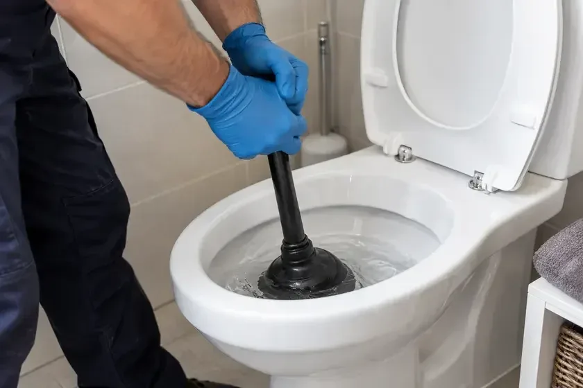 Worker using a plunger in a toilet bowl