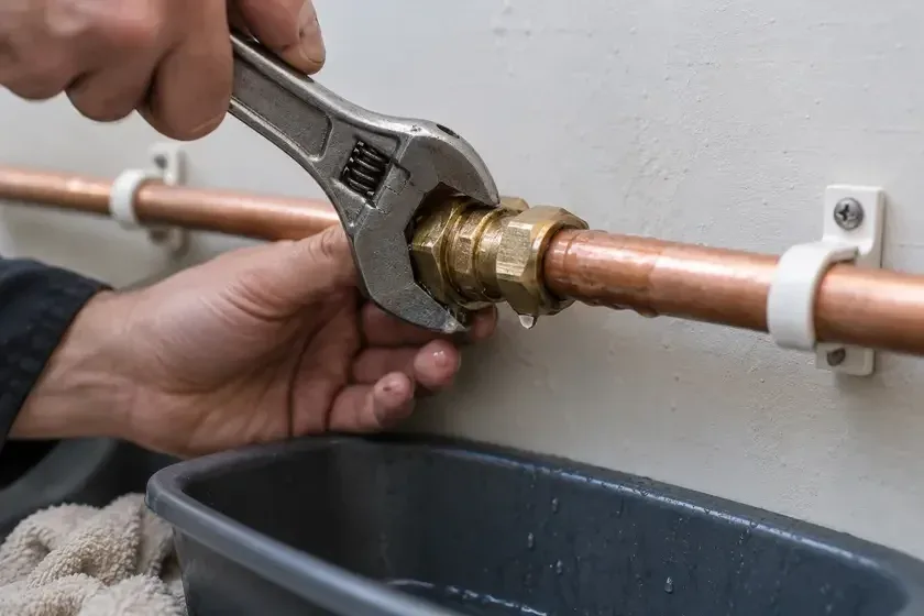 Hands tightening a brass connector on a copper water pipe
