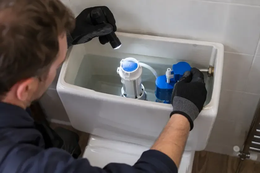 Plumber inspecting a toilet cistern mechanism with a flashlight.