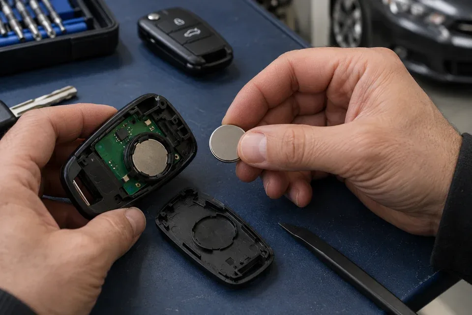 Opened car key fob with a replacement coin-cell battery