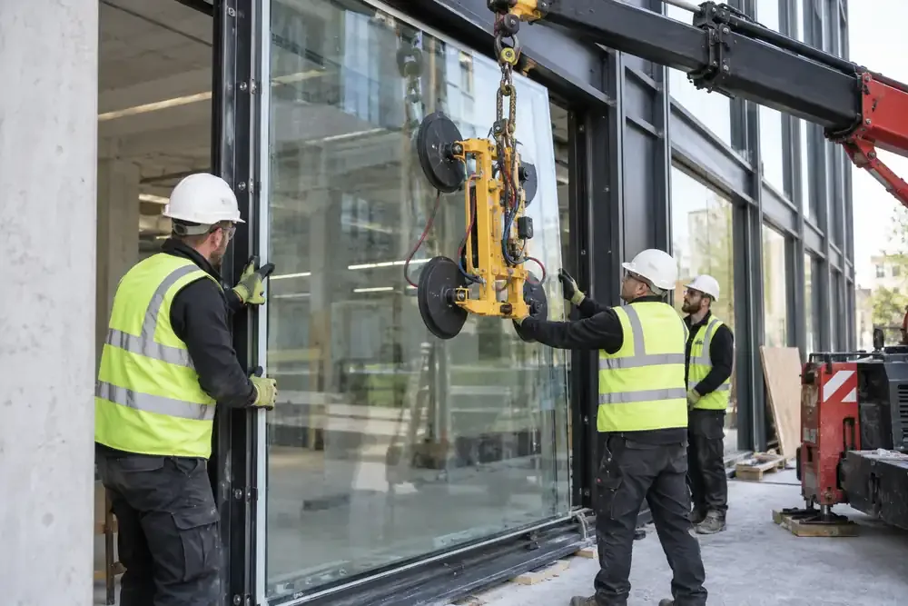 Modern office ground-floor facade installation: crew positions thick laminated blast-resistant glass into heavy anchored steel framing using a mechanical glass lifter; calm construction scene, no blast, weapons or testing.