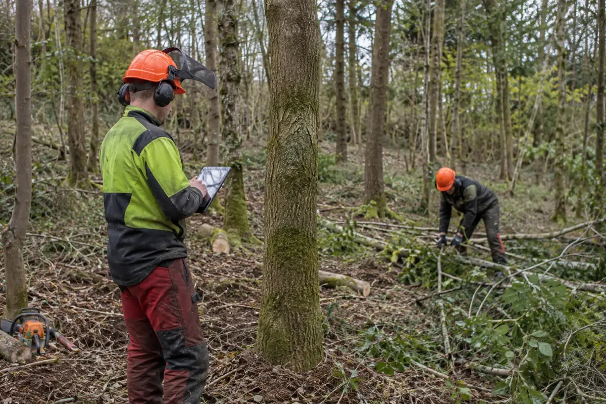 Two forestry workers managing a woodland thinning area, one recording tree information on a tablet while another gathers cut branches.