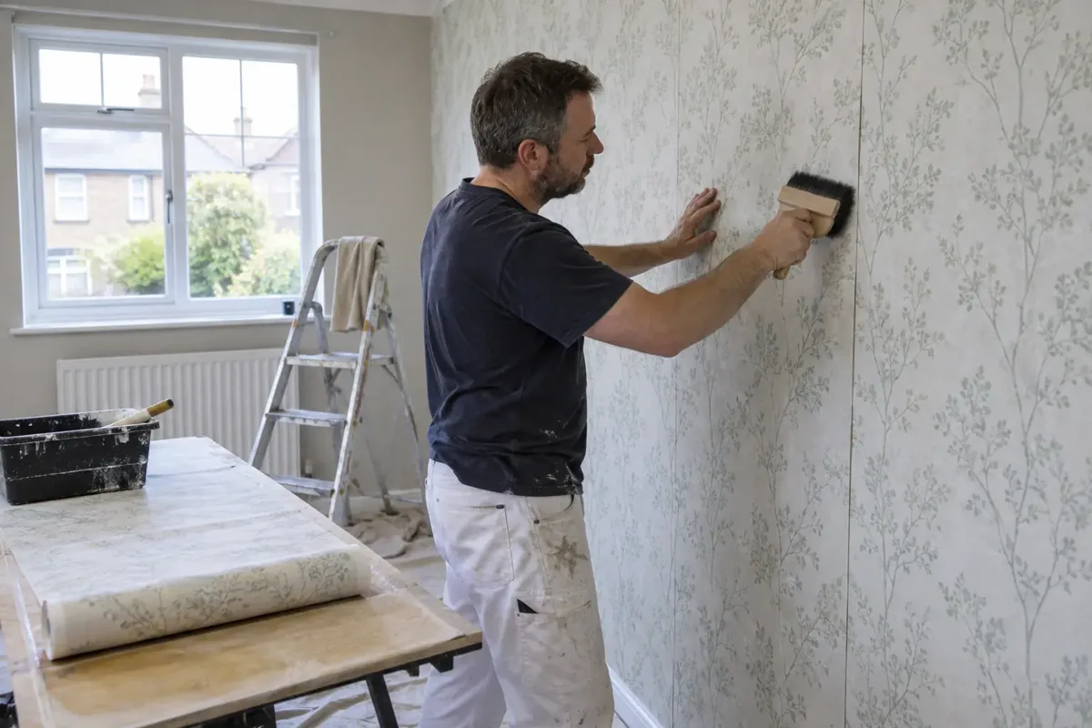 A decorator hanging a vertical strip of subtle patterned wallpaper, carefully matching its pattern to the neighbouring strip and pressing with a wallpaper smoothing brush; paste table and rolled paper visible, house room.