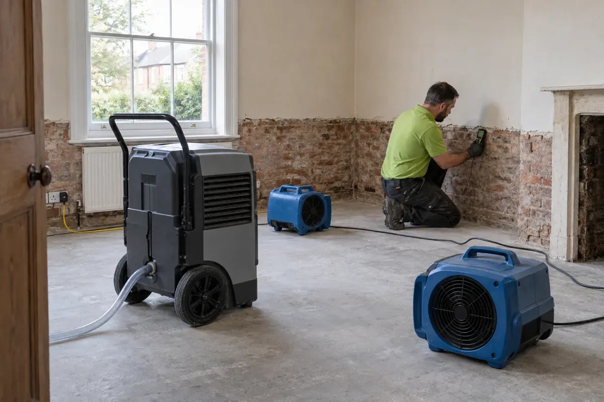 Industrial dehumidifier and air movers drying a water-damaged room