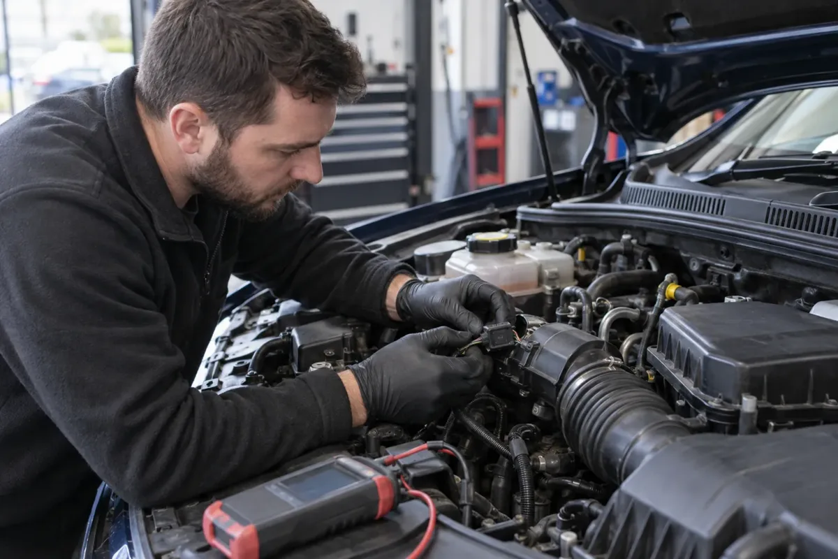 Technician inspecting an engine sensor connector.