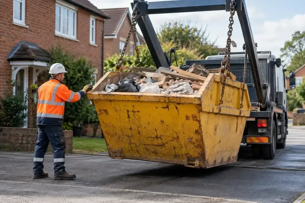 Skip lorry lifting a filled builders skip