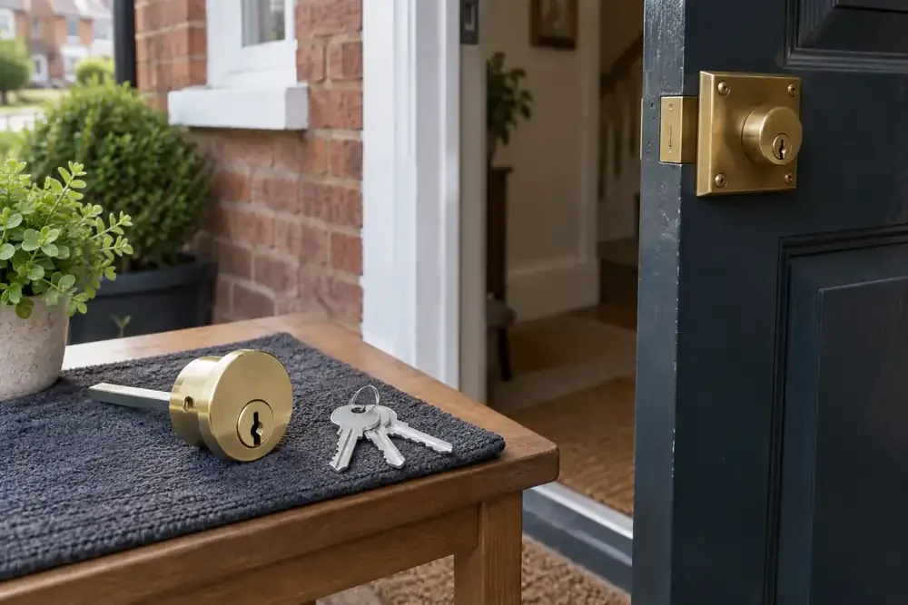 Replacement rim cylinder and keys beside a timber entrance.