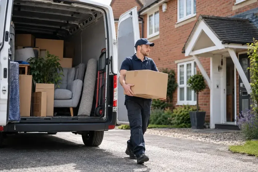 Mover carrying a cardboard box from a furniture-filled van