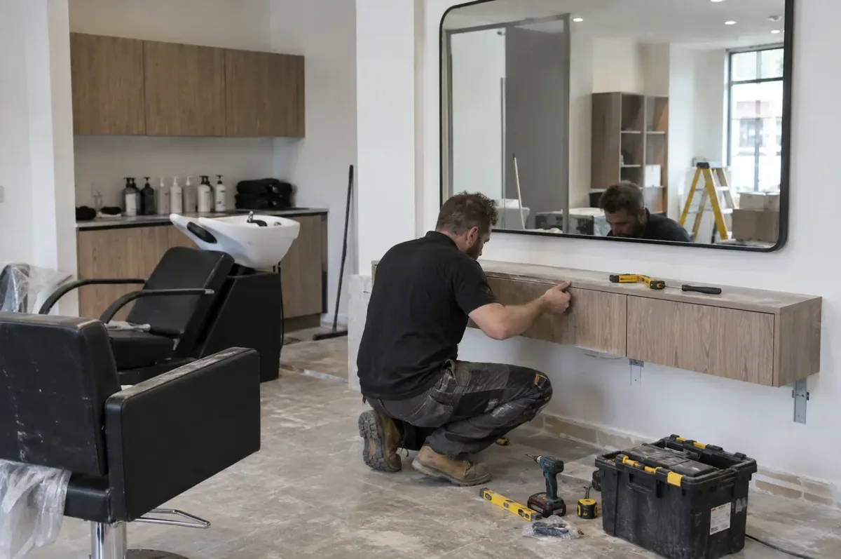 Fitter positioning salon cabinetry beneath a large mirror with hairwashing basin and styling chair visible.