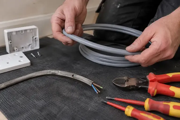 Electrician holding replacement cable beside a removed damaged cable and insulated tools.