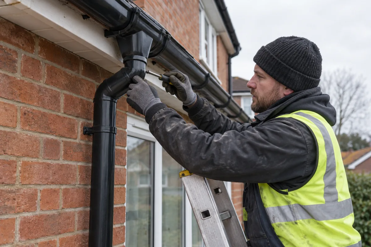 Professional downpipe repair on a British home