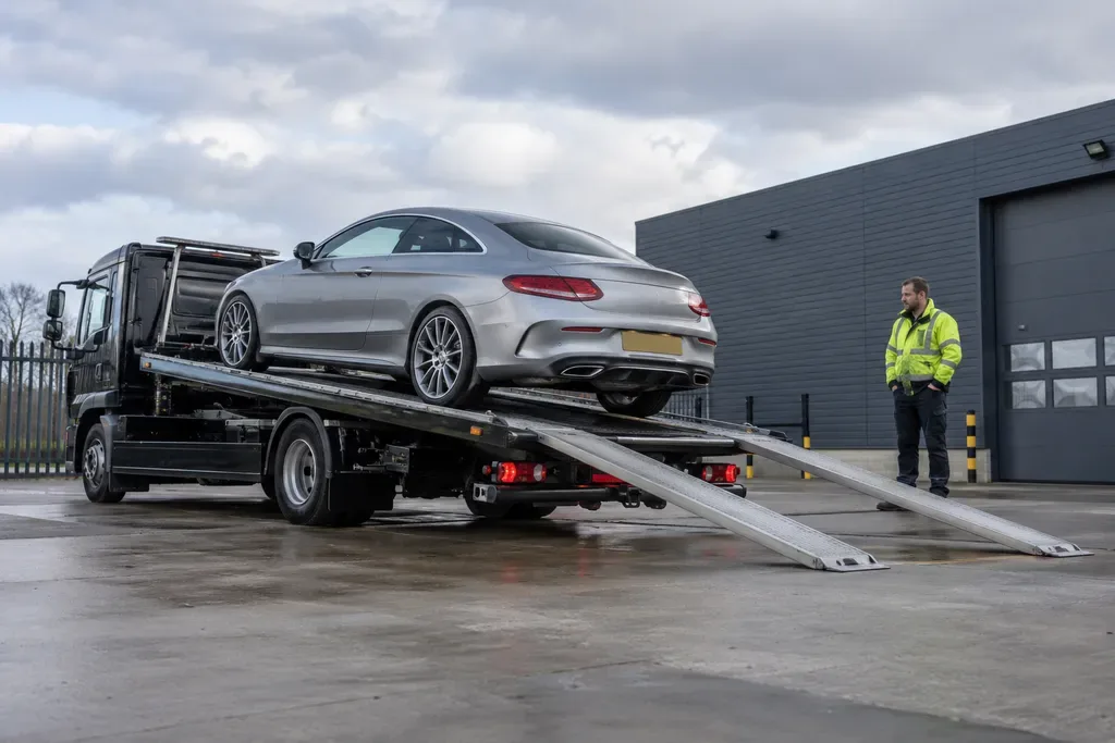 Premium coupe on a transporter with a gentle loading ramp