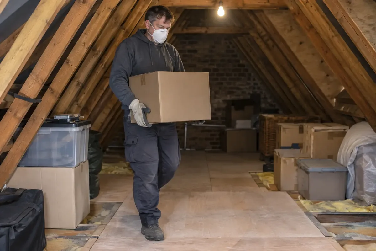 Clearance worker in gloves and dust mask carrying a manageable sealed cardboard box across a safely boarded loft floor, timber roof rafters and several stored boxes visible, adequate work lighting, no stepping between joists.