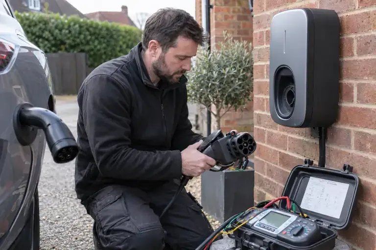 EV charger fault finding: a professional electrician assessing or carrying out the electrical work.