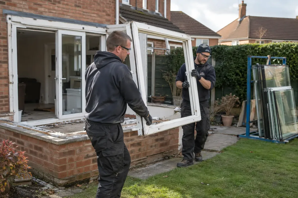 Workers in gloves and eye protection systematically dismantle a small uPVC conservatory, carrying an intact window frame away from the remaining low brick base. Glass panes already safely removed and stacked in a rack, UK house garden, calm controlled work.