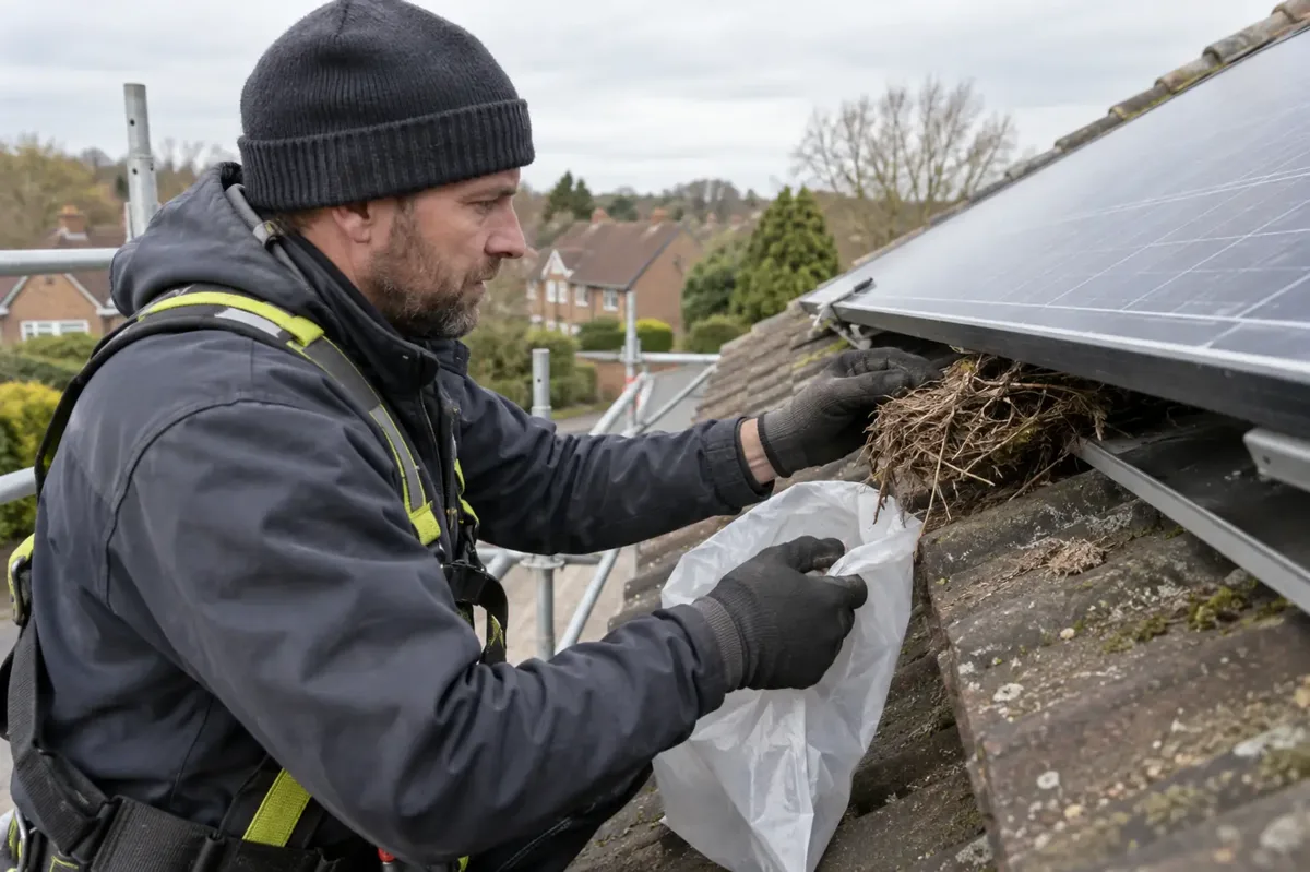 Gloved specialist removing an old empty nest from beneath a rooftop solar panel into a bag.