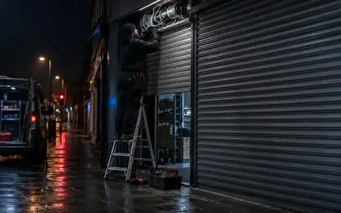 Technician repairs a shutter from a ladder; the hardware is relevant but the scene is a street-front installation.