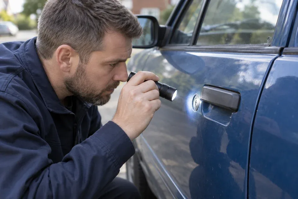 Locksmith inspecting the door lock of a car with a broken key issue