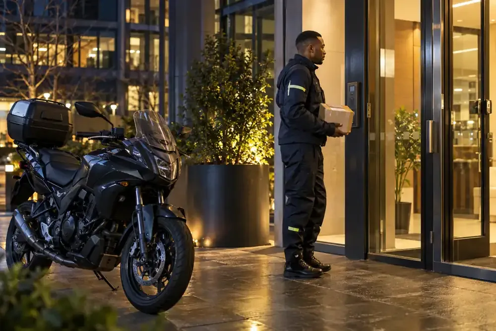 a motorcycle courier preparing or handing over a suitable consignment