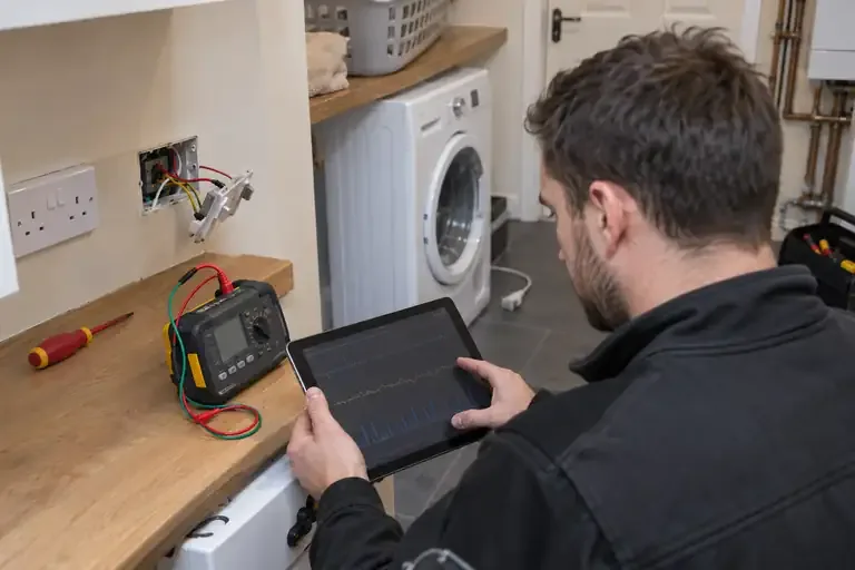 Electrician reviewing circuit measurements on a tablet beside a socket and test equipment.