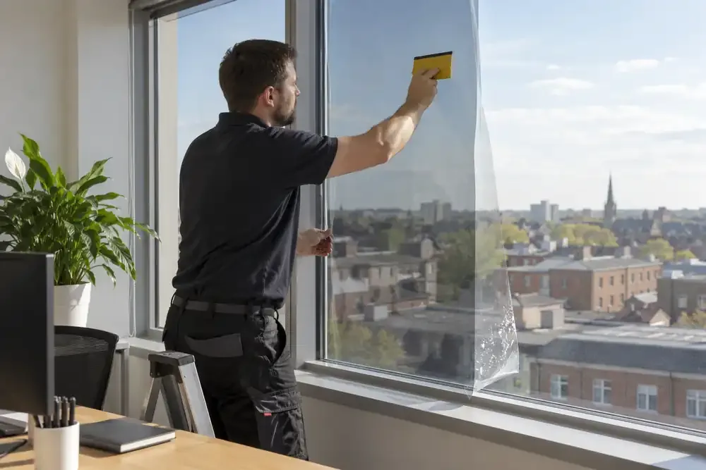 Installer applying solar control film to an office window