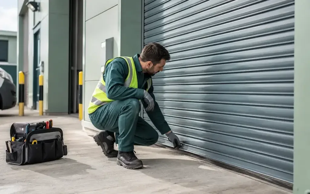 Technician checking the bottom rail of a commercial shutter