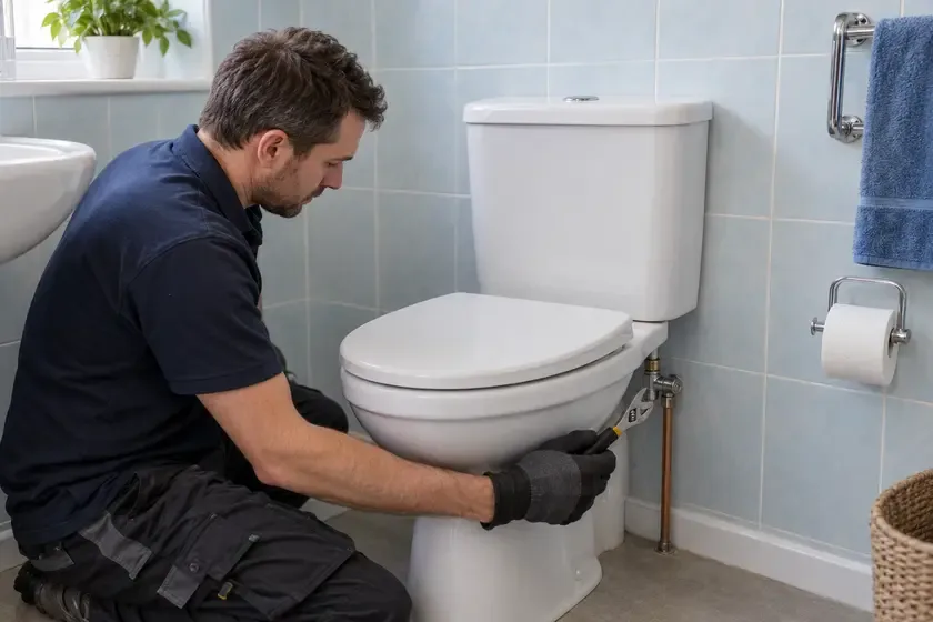 Plumber repairing the water supply connection on a UK close-coupled toilet.