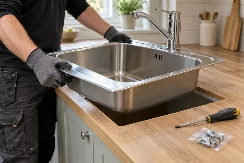 Plumber lowering a new stainless steel kitchen sink into a worktop opening.