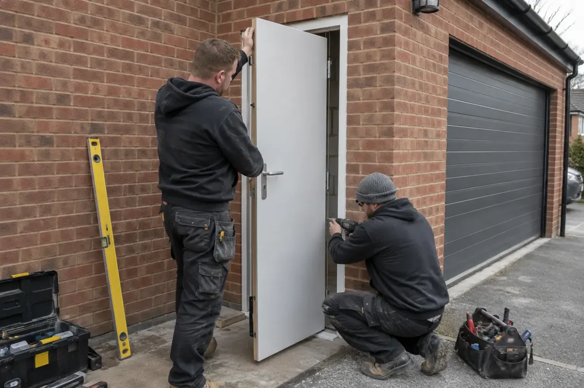 Two fitters installing a plain side-access personnel door in a brick garage, with the main garage door visible.