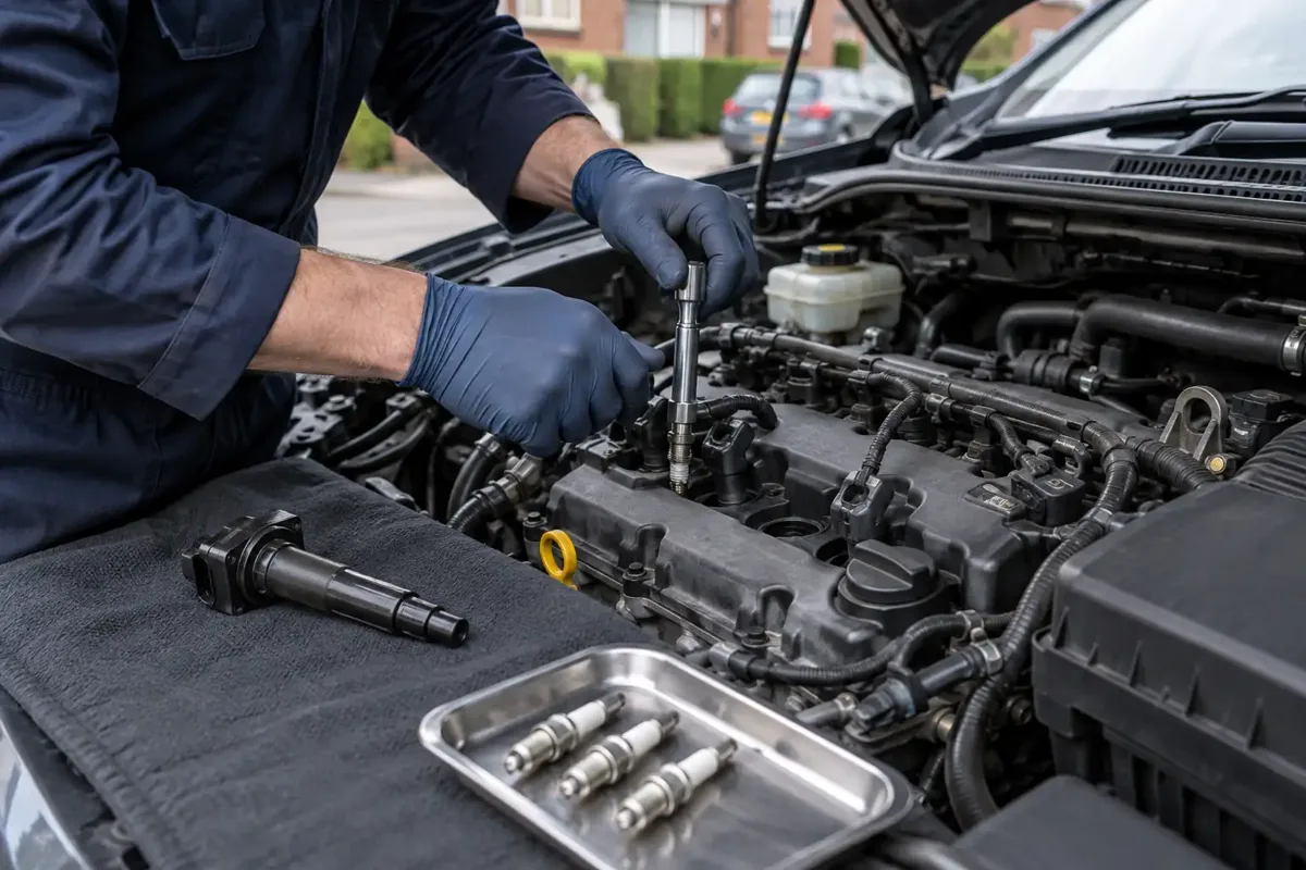 Mechanic replacing spark plugs in a petrol engine