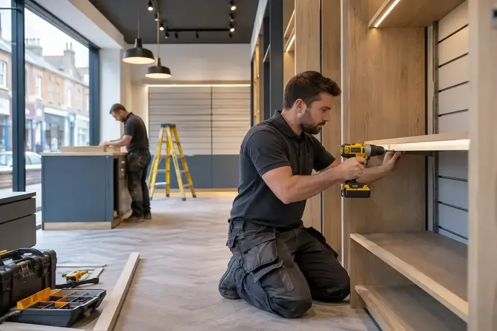 Shopfitter fastening timber retail display shelves