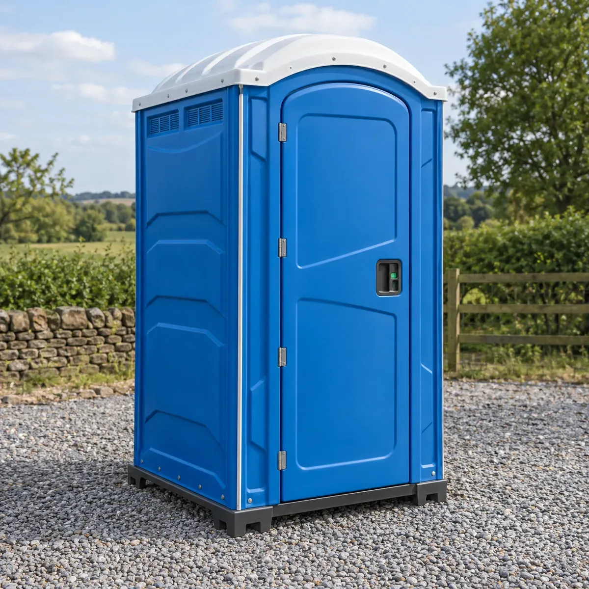 Illustration of a clean blue portable toilet cabin on level gravel