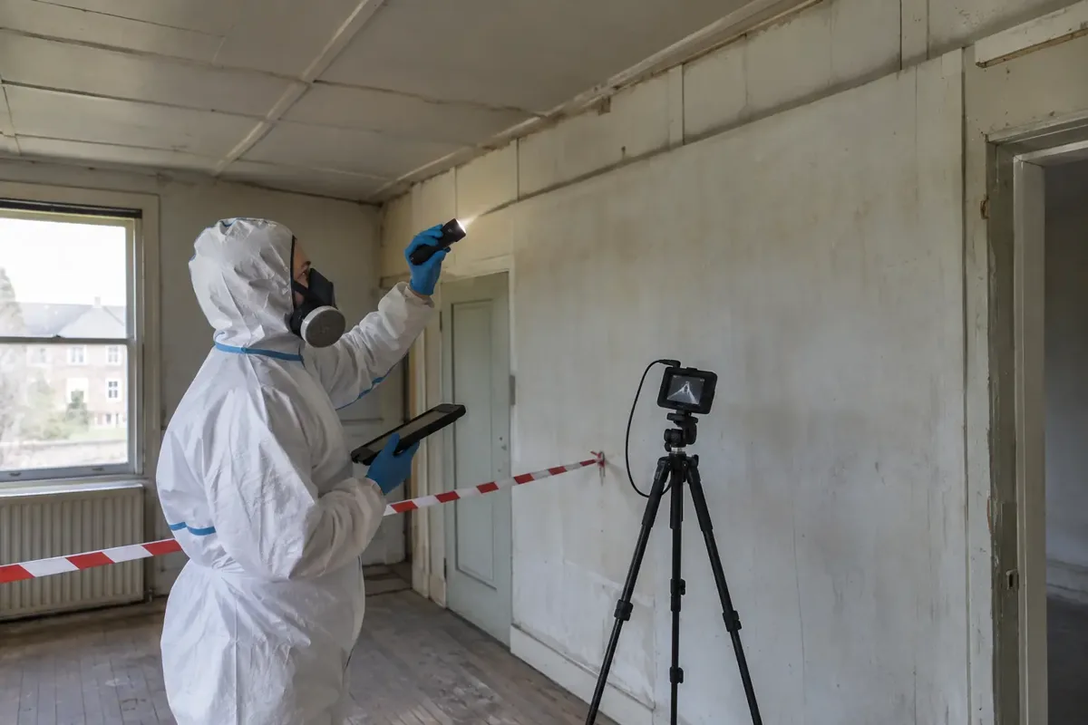 Asbestos surveyor in clean protective overalls, respirator and gloves inspecting intact old interior wall and ceiling boards in an empty building planned for refurbishment or demolition, documenting material locations on a tablet. No destructive work, cordoned room, flashlight and inspection camera, intact material.