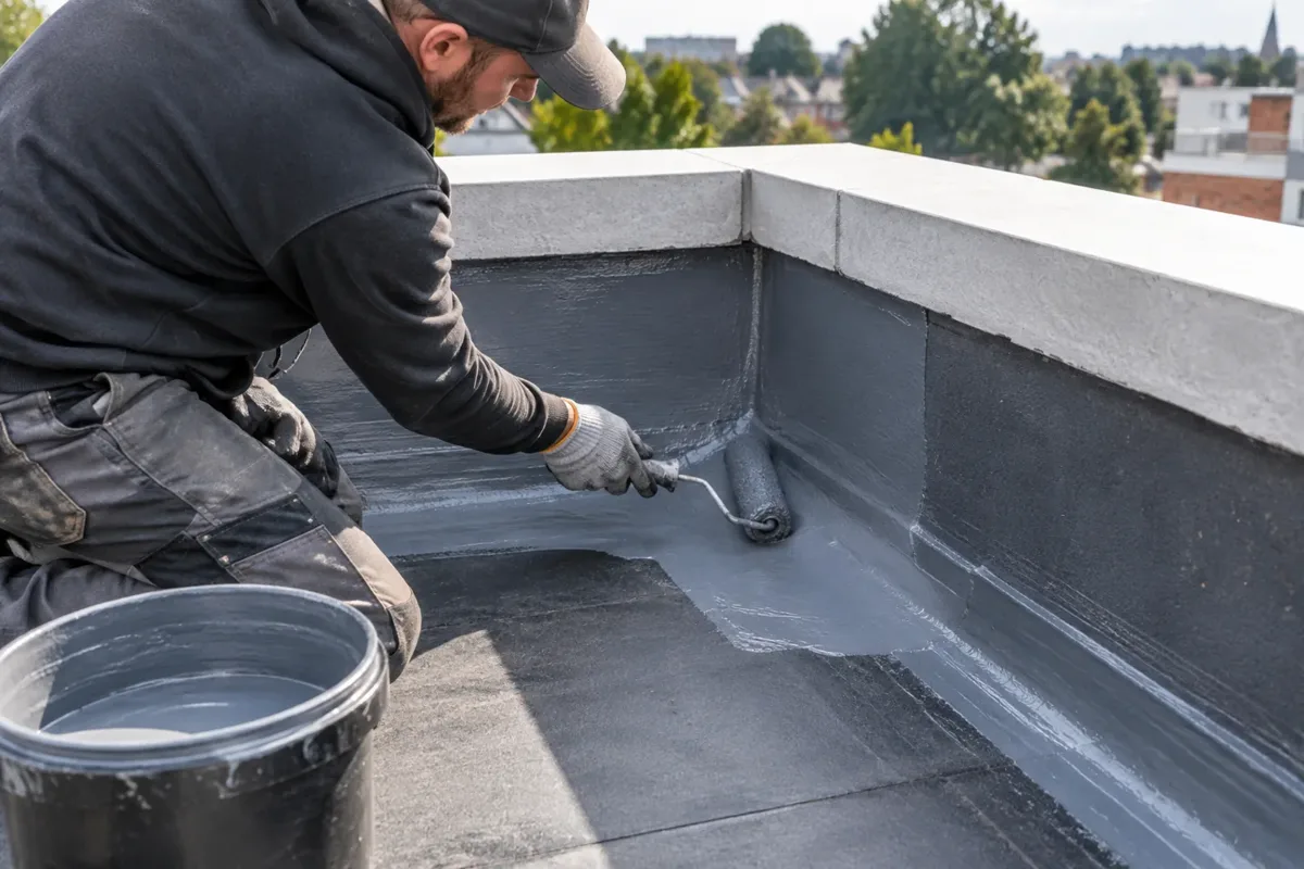 Roofer applying a roof waterproofing treatment