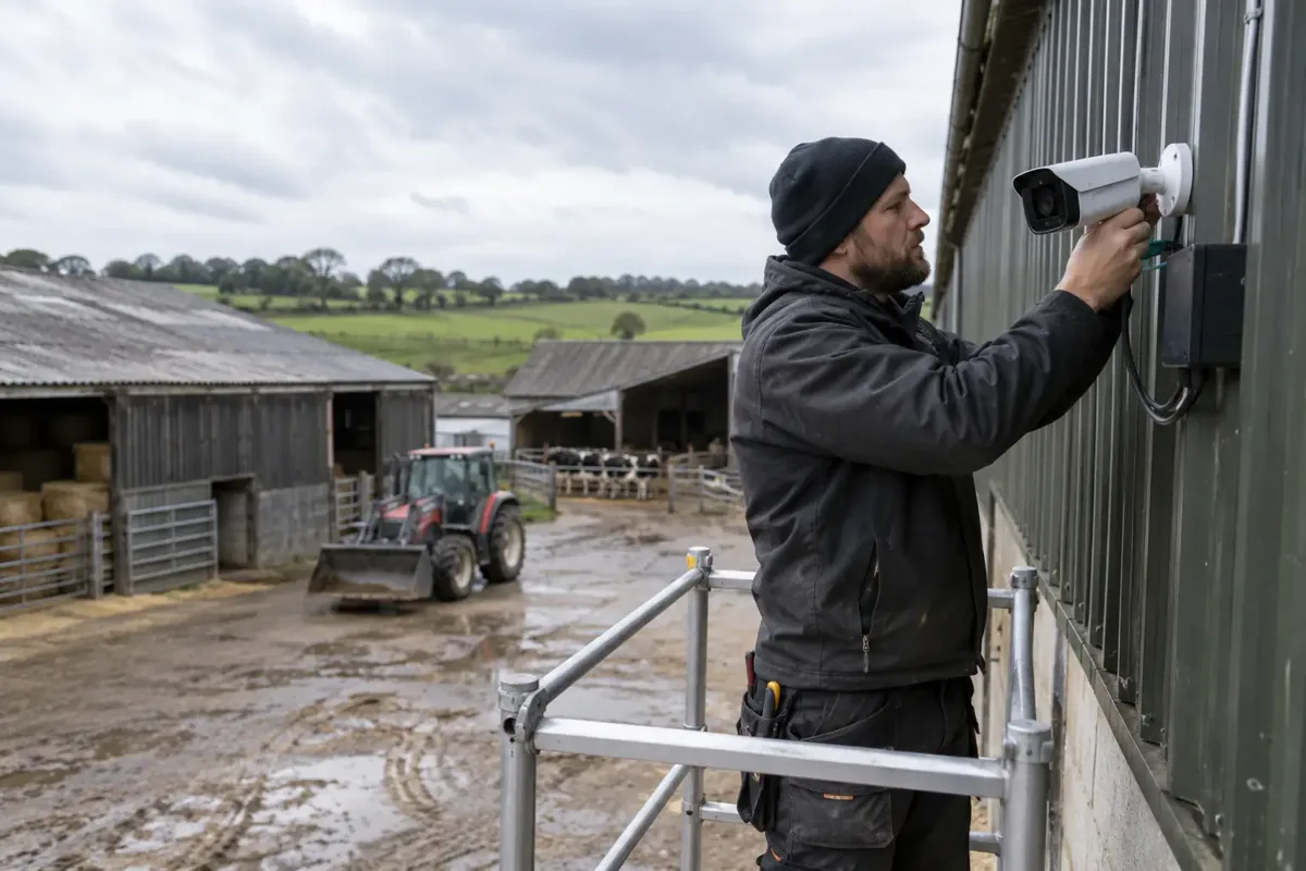 Installer in workwear adjusting an outdoor security camera on a barn wall overlooking a British farmyard, barns and tractor in the background. Safe low scaffold podium, realistic cabling and camera bracket.