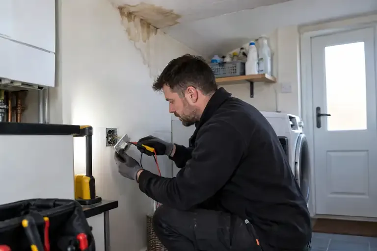 Electrician inspecting socket wiring in a utility room with dried water damage.
