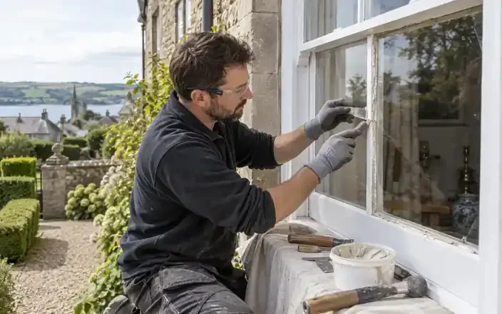 Glazier repairs traditional timber window glazing and putty.
