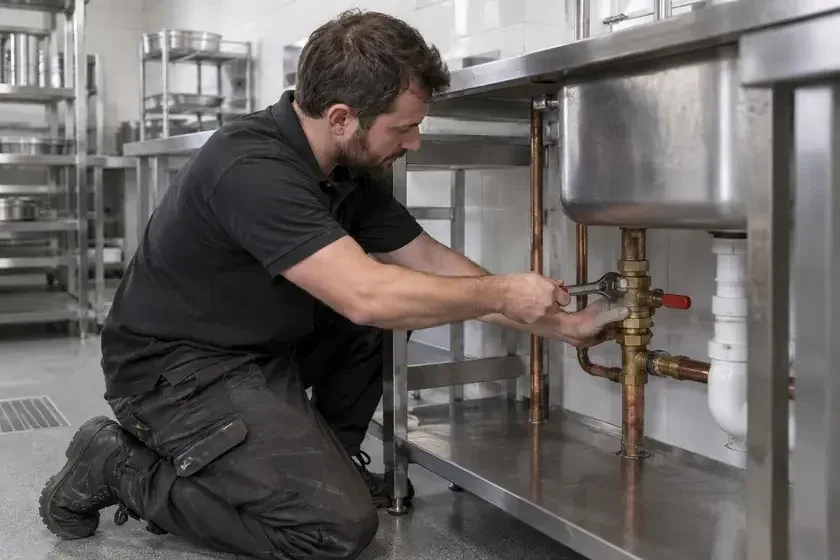 Plumber repairing pipework beneath a commercial stainless steel sink