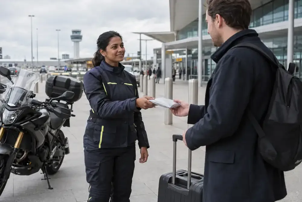 a motorcycle courier preparing or handing over a suitable consignment
