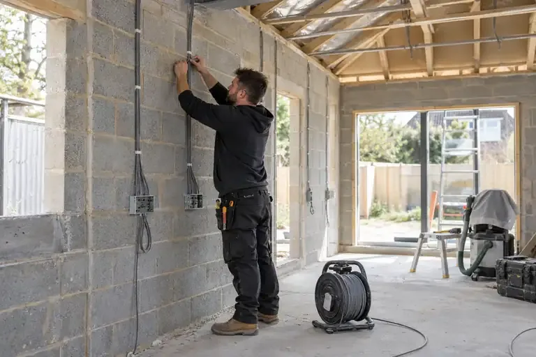 Electrician fitting new cables and backboxes in an unfinished house extension.